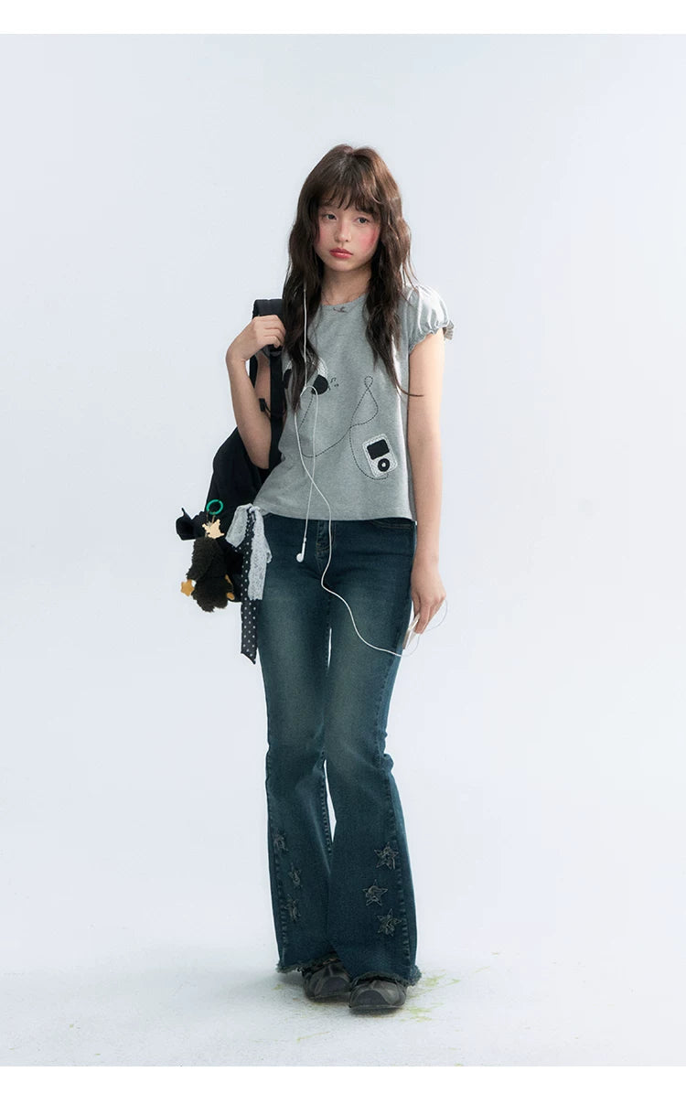 "Walkman Days" Retro Appliqué Puff Sleeve Tee