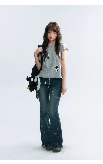 "Walkman Days" Retro Appliqué Puff Sleeve Tee