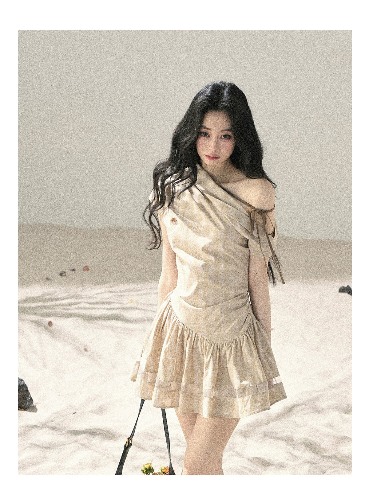 "Traces Left by the Wind" Sand Beige Off-Shoulder Plaid Puff Mini Dress