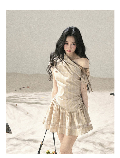 "Traces Left by the Wind" Sand Beige Off-Shoulder Plaid Puff Mini Dress