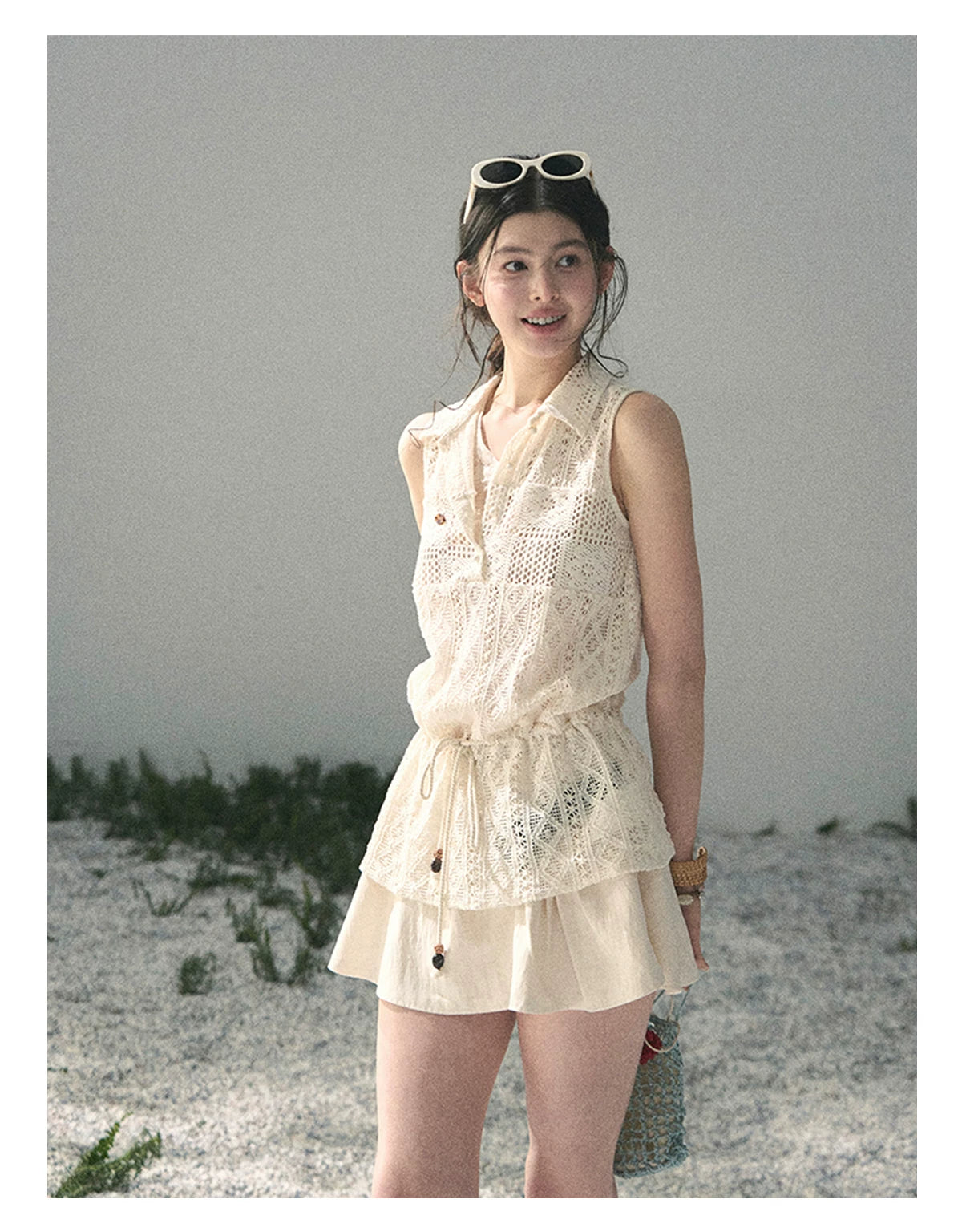 “Summer Breeze Kissing the Hem” Ivory Lace Layered Sleeveless Top