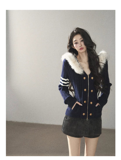 AOMALM - Blue Hooded Cable-Knit Sweater Jacket with White Stripes