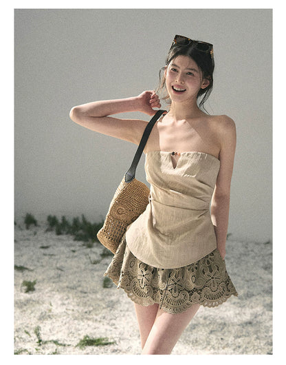 “Moonlit Haze” Dutch Cream Strapless V-Notch Top