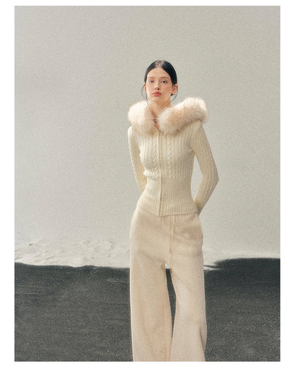 少也眼 “Sunset’s Soft Trace” Milk-Apricot Hooded Cable-Knit Zip-Up Jacket