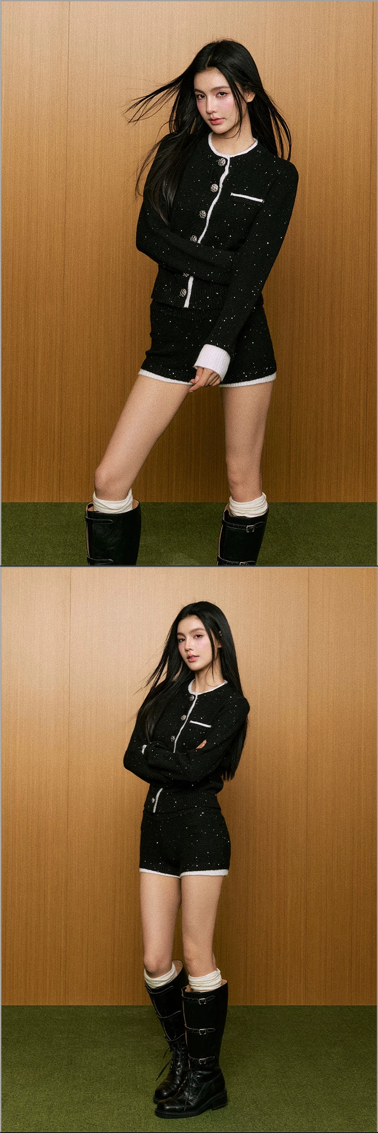 Black Sequin Knit Top & Shorts Two-Piece Set