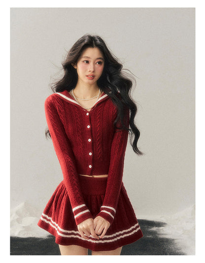 少也眼 "Whispers of the Evening Breeze" Collegiate Red Knit Two-Piece Set