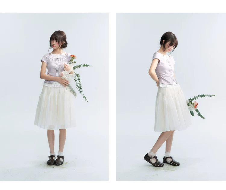 Korean Layered Bow Knit Short Sleeve T-Shirt in Violet