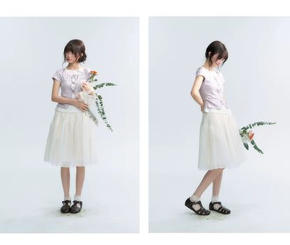 Korean Layered Bow Knit Short Sleeve T-Shirt in Violet