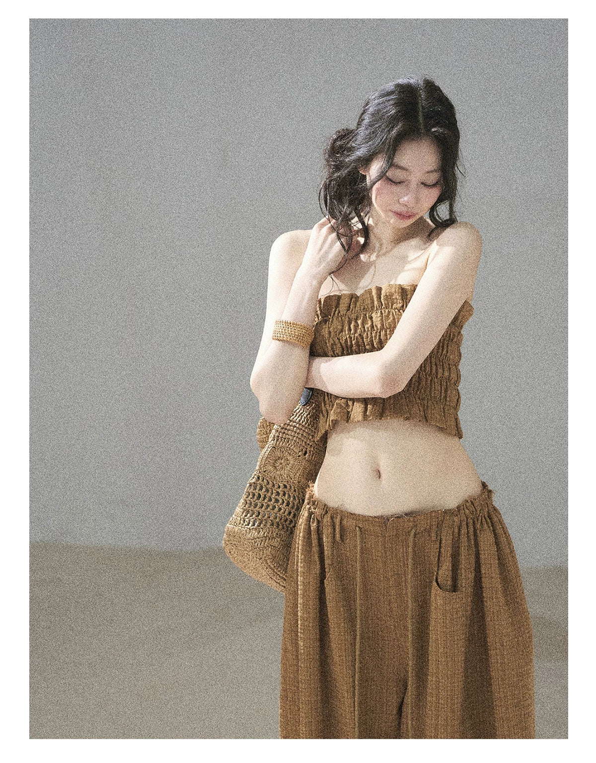 "Caramel Dusk" Ash Caramel Shirred Bandeau Top & Relaxed Pants Set