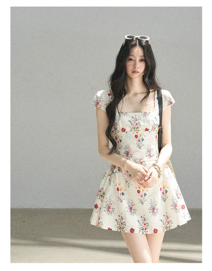 "Bloom Before Dawn" Dutch Cream Embroidered Floral Chiffon Mini Dress