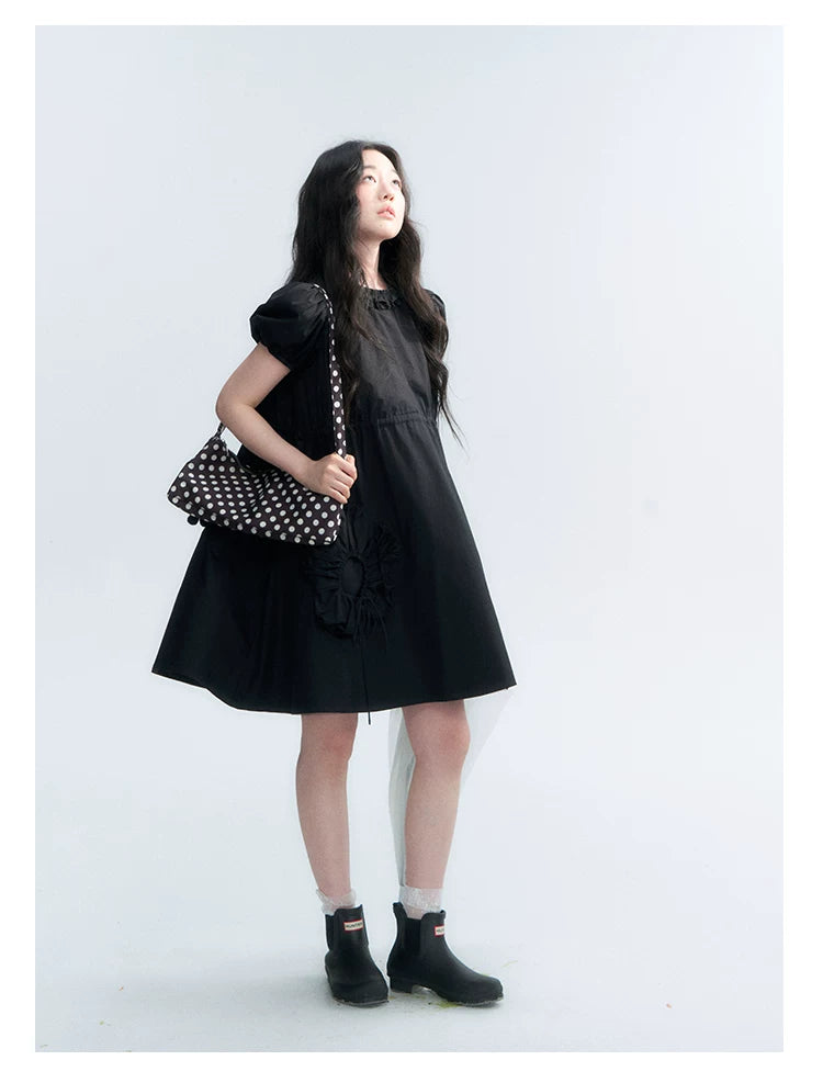 "Puff Doll Dress" Ruffle Trim Puff Sleeve Cotton A-Line Dress (White/ Black)