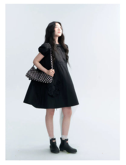 "Puff Doll Dress" Ruffle Trim Puff Sleeve Cotton A-Line Dress (White/ Black)