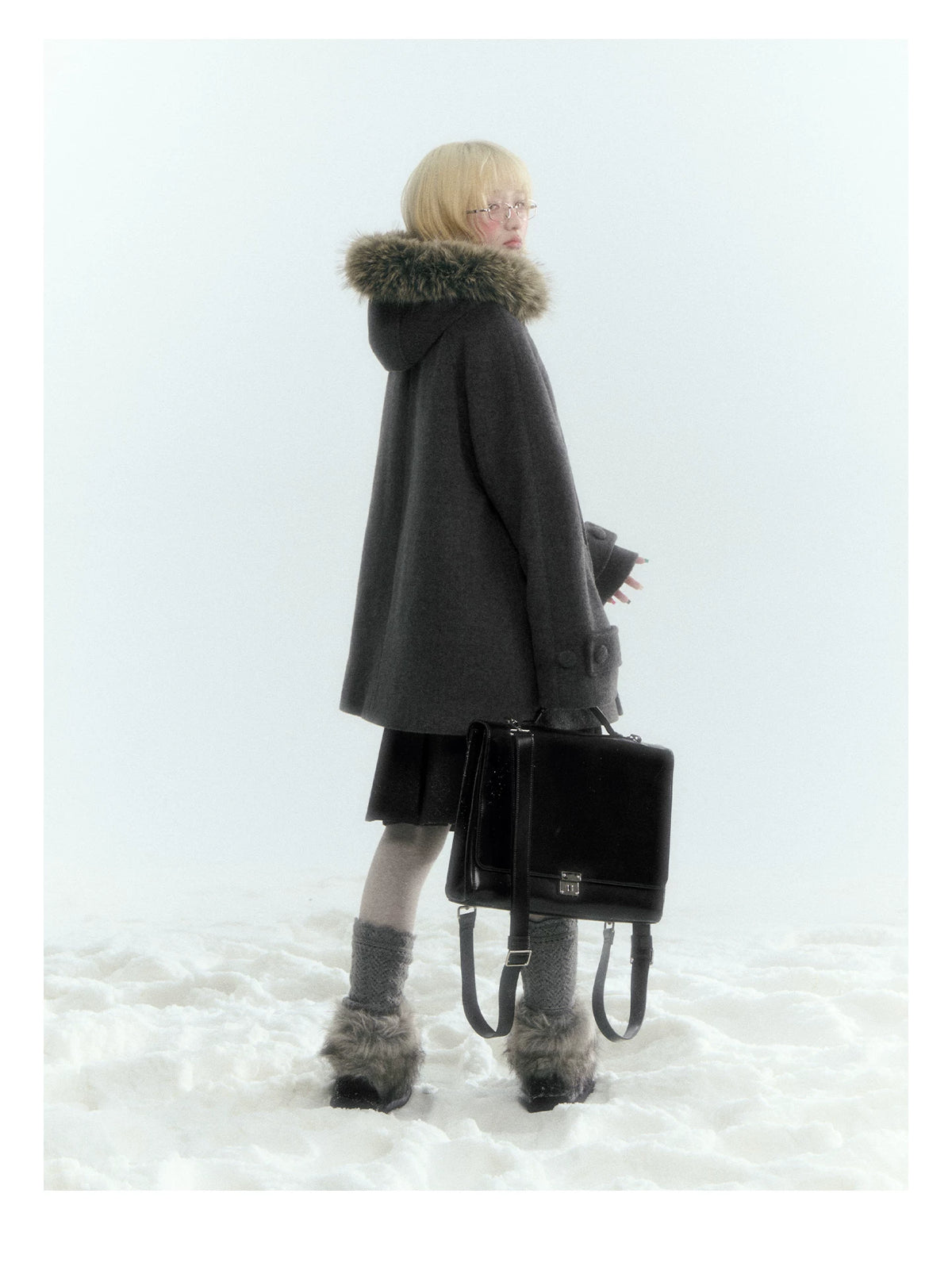 Japanese Hooded Double-Breasted Wool Coat (Deep Charcoal Gray / Taro Purple)