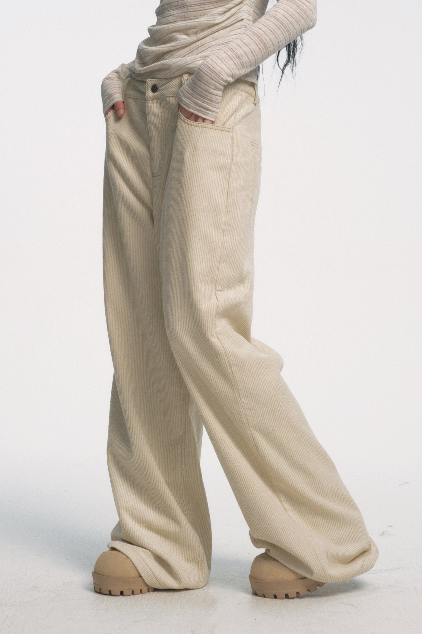 Muirgen - Y2K Mid-Low Rise Paint-Wash Loose Cargo Denim Pants - White Corduroy