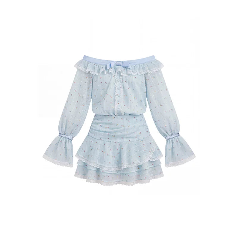“Blue Meringue Reverie” Blue Off-Shoulder Cake Dress