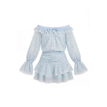 “Blue Meringue Reverie” Blue Off-Shoulder Cake Dress