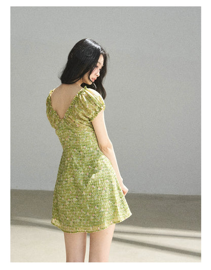 "Breath of the Forest" Misty Sage Embroidered Chiffon Mini Dress