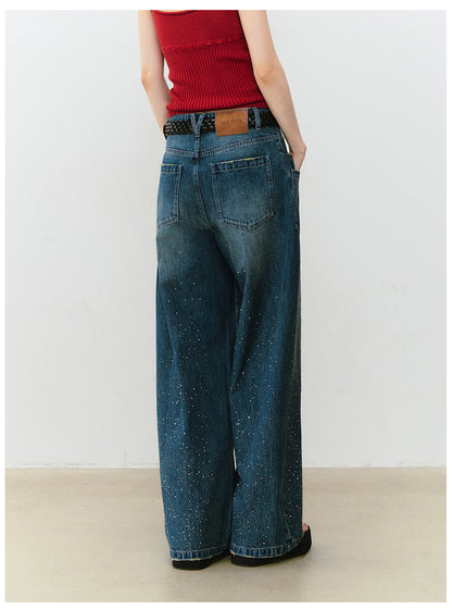VIAPITTI - Statement Rhinestone Wide-Leg Jeans (White/ Blue)