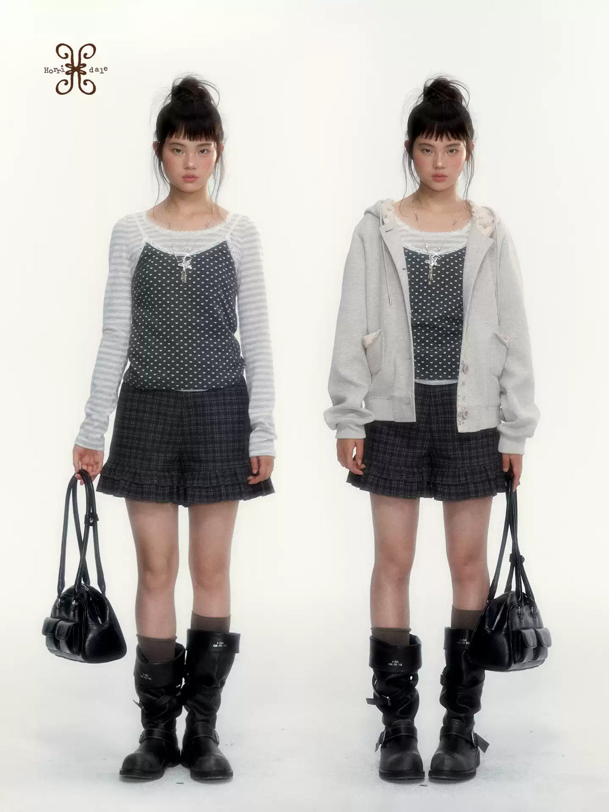 “Early Gray” Light Gray Striped Lace-Trimmed Fitted Long-Sleeve Top