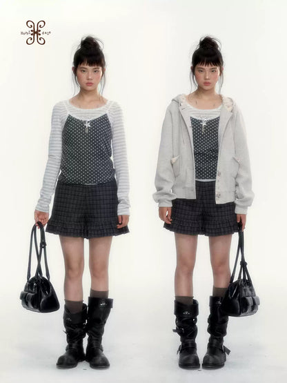 “Early Gray” Light Gray Striped Lace-Trimmed Fitted Long-Sleeve Top