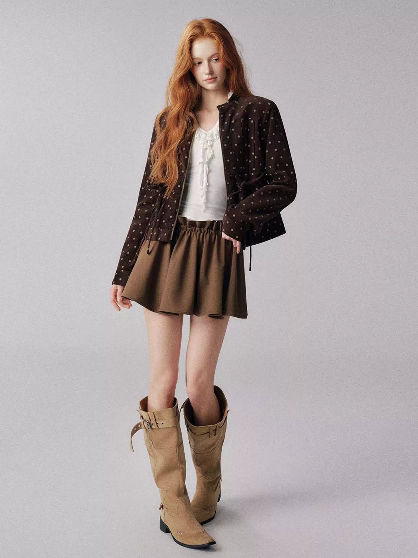 "可可焦糖" Khaki Ruffle-Waist Puff Mini Skirt - MIU-Inspired