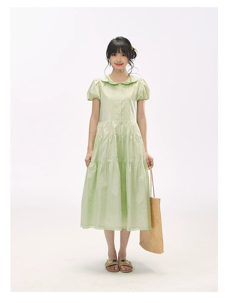 "Mint Forest" Mint Green Double Collar Tiered A-Line Midi Dress