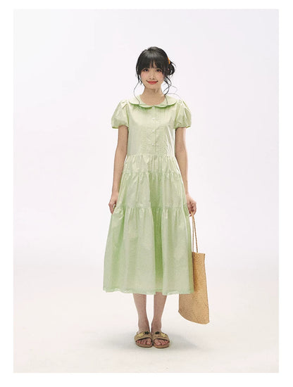 "Mint Forest" Mint Green Double Collar Tiered A-Line Midi Dress