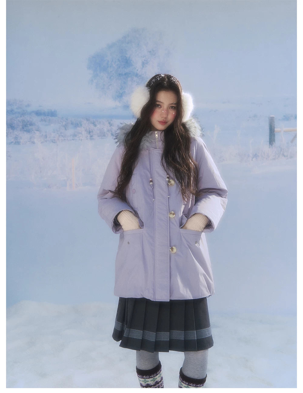 CANSTORE - "Voyage Day" Light Lavender Mid-Length Down Coat with Detachable Faux Fur Collar