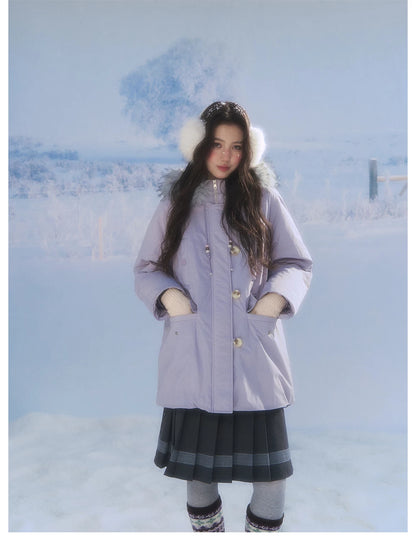 CANSTORE - "Voyage Day" Light Lavender Mid-Length Down Coat with Detachable Faux Fur Collar