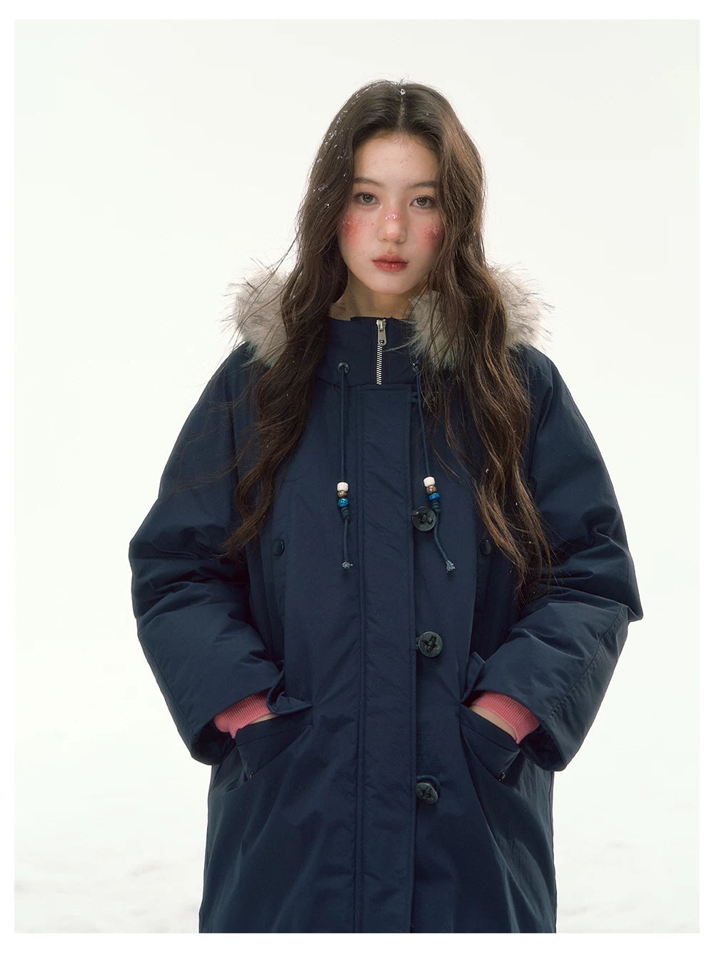 CANSTORE - "Voyage Day" Navy Blue Mid-Length Down Coat with Detachable Faux Fur Collar