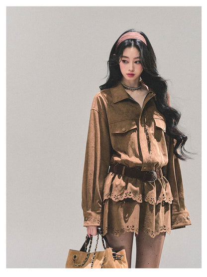 少也眼 "Rain on Wutong" – Brown Layered Dress (with Matching Belt)