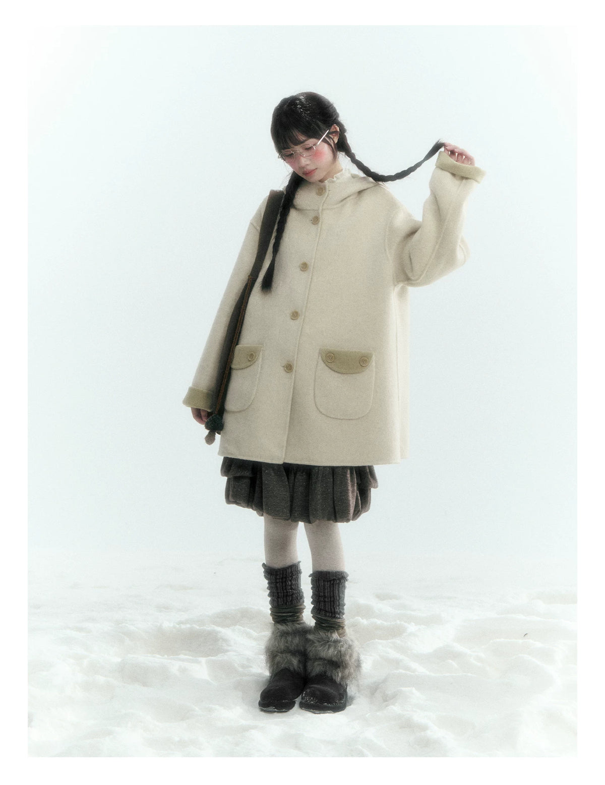 Horridale - Moss Green and Cream Reversible Hooded Wool Coat