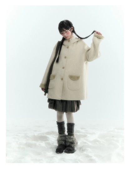Horridale - Moss Green and Cream Reversible Hooded Wool Coat