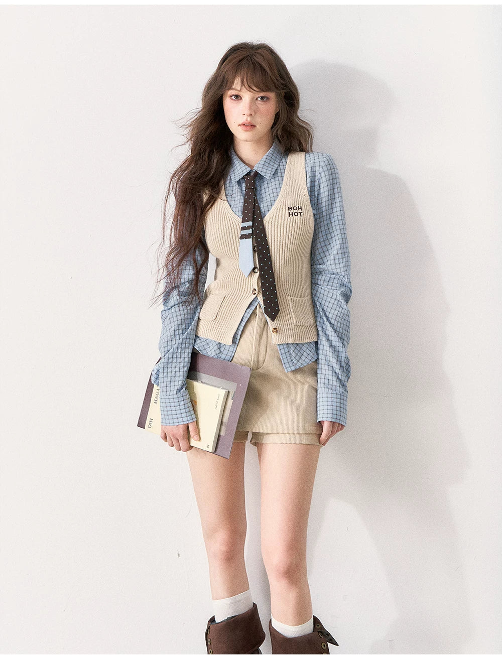 [TMMG] Miu-Inspired Blue Shirt, Knit Vest & Corduroy Skirt Set