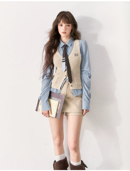 [TMMG] Miu-Inspired Blue Shirt, Knit Vest & Corduroy Skirt Set
