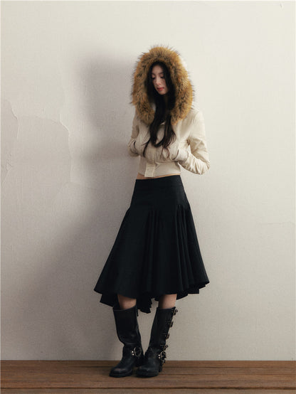 1P - Beige Hooded Cotton-Padded Jacket with Faux Fur Collar