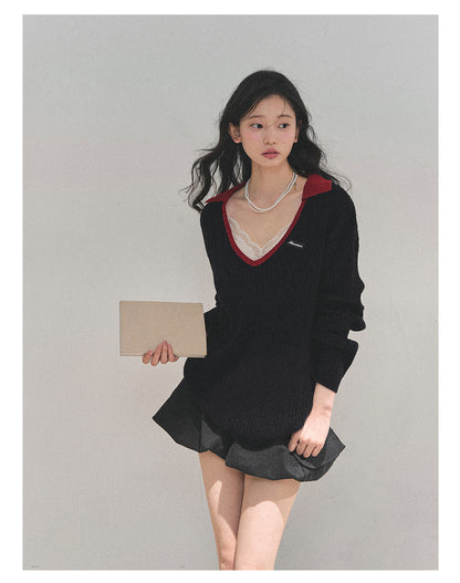 少也眼 “Before Nightfall Melts” Wool-Blend V-Neck Contrast Collar Sweater 6441568
