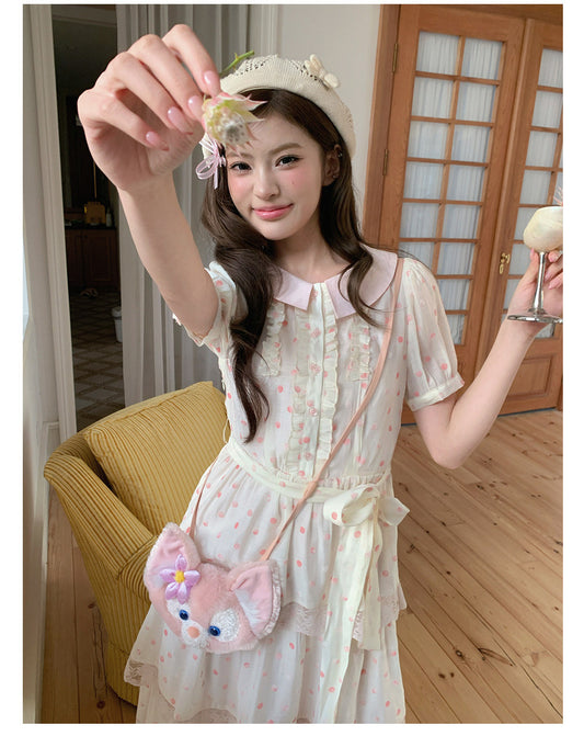 “Peach Mist Daydream” Ivory Polka Floral Cake Dress