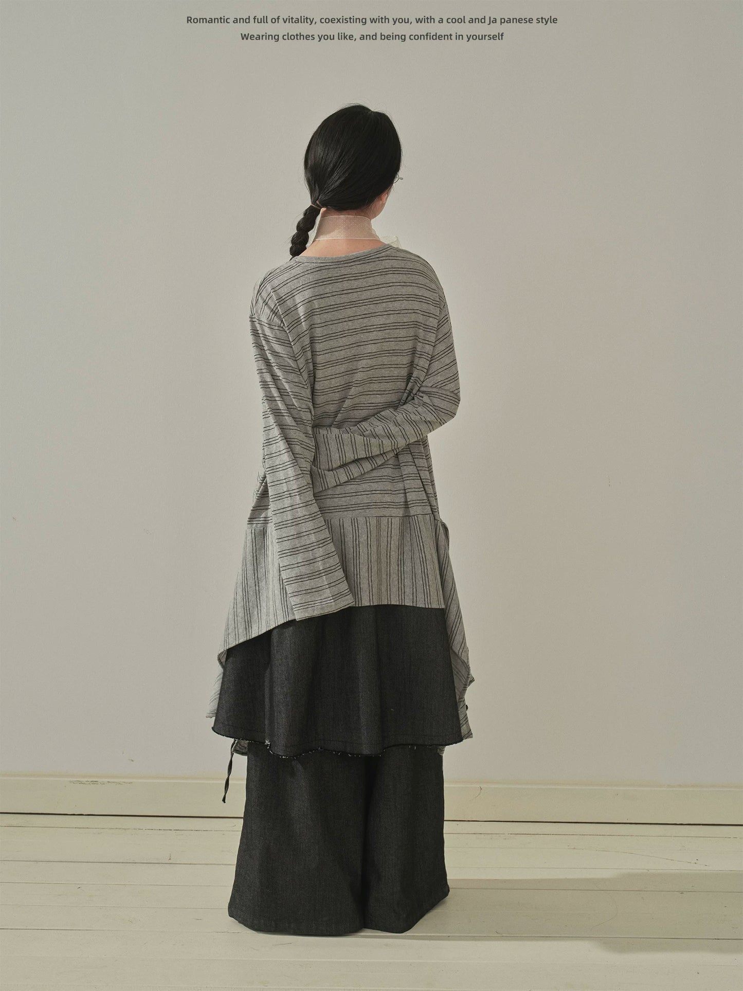 "Vintage Rhythm" Asymmetrical Knit Stripe Long Sleeve T-Shirt (Black / Gray)