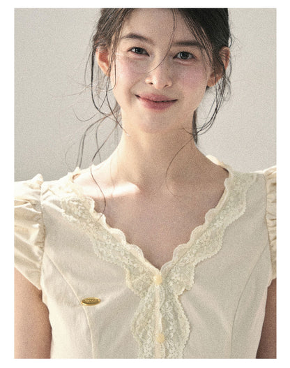 “Untouched Ivory” Milkshake Yellow Lace Puff Sleeve Blouse