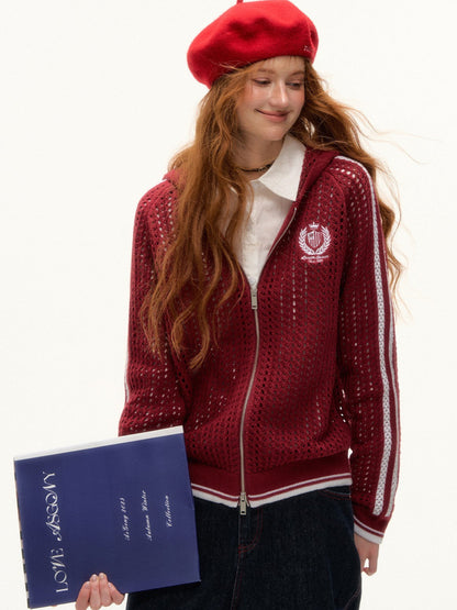 ASGONY - Varsity Crochet Knit Zip-Up Hoodie (Bold Wine Red)