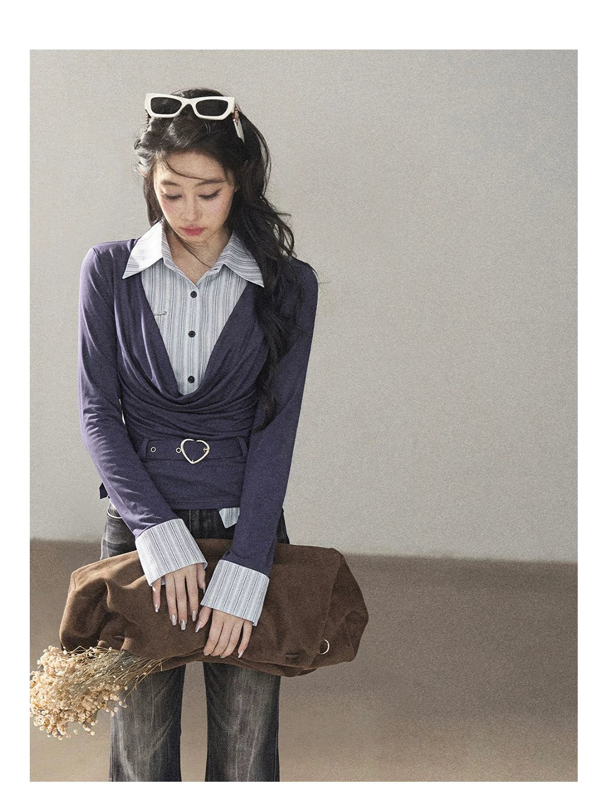AOMALM - "Top of the Class" Navy & Black-Gray Striped Layered Long Sleeve Top (Navy / Black-Gray)