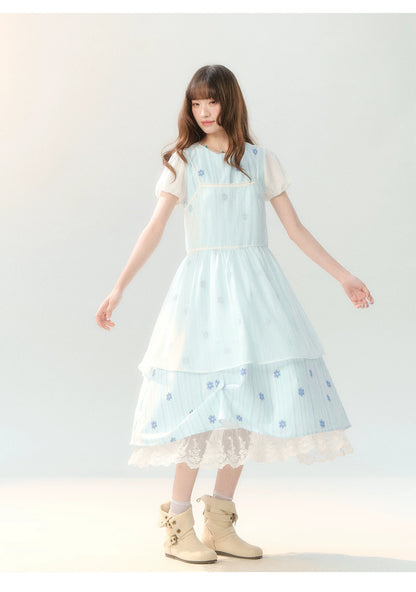 "Soft Bloom Chronicle" Blue Floral Dress & Apricot Cami Set