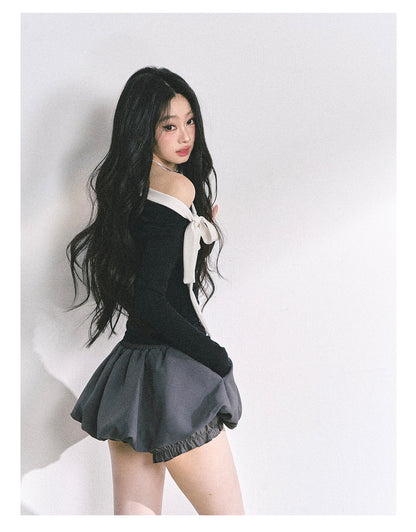 少也眼 "Sweet Temptation Spiral" Asymmetric Off-Shoulder Long-Sleeve Crop Tee - Black