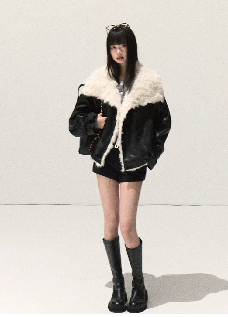 OAKMOO/ Cropped Faux Leather Shearling-Collar Jacket (Rich Black / Hazelnut Khaki)
