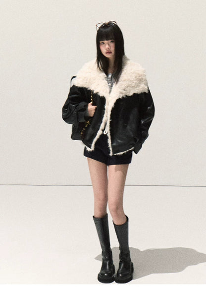 OAKMOO/ Cropped Faux Leather Shearling-Collar Jacket (Rich Black / Hazelnut Khaki)