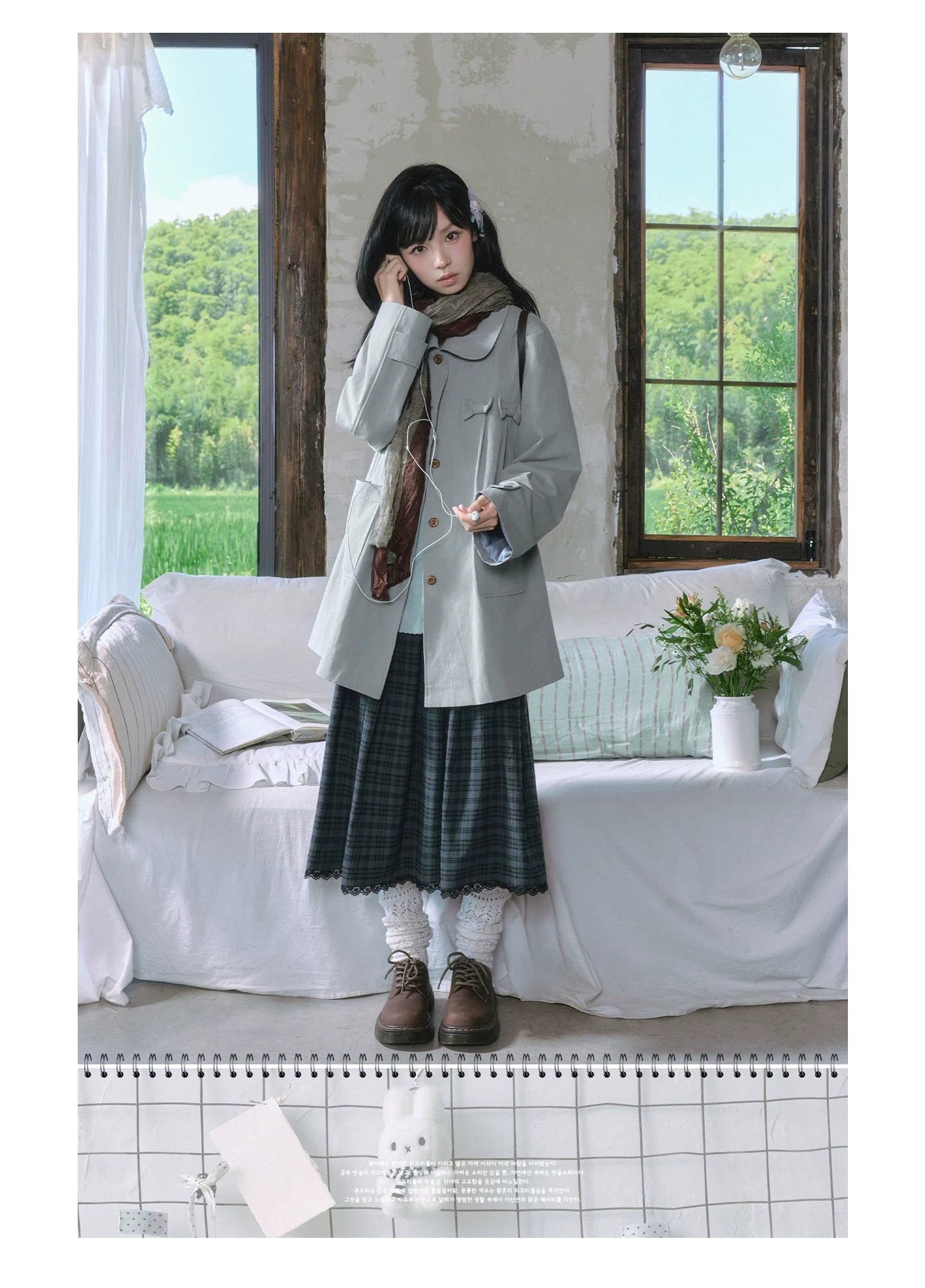 "Sage Whisper" Layered Trench Collection (Round Collar Coat / Knit Top / Polka Dot Cami / Plaid Skirt)