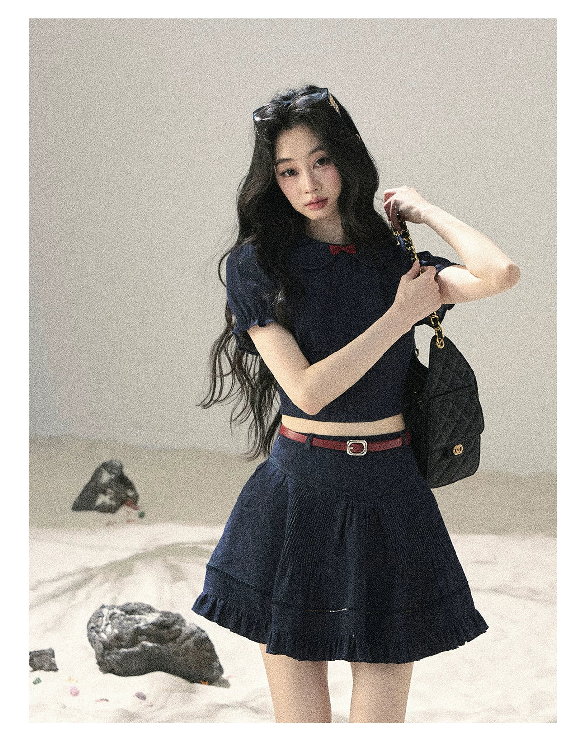 "Seaside Breeze" Navy Blue Denim Pleated Top & Mini Skirt Two-Piece Set