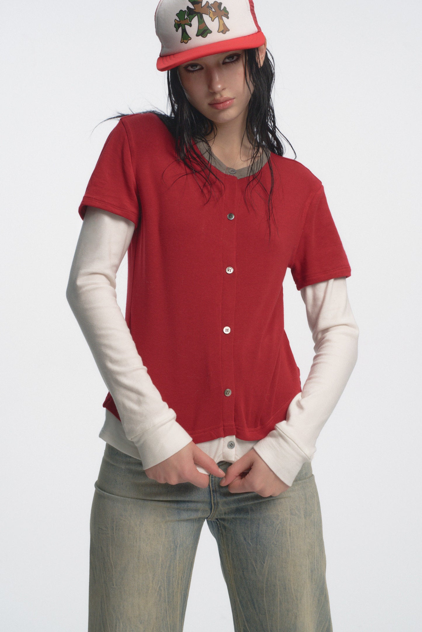 Muirgen - Christmas Contrast Faux Layer Stretch Top