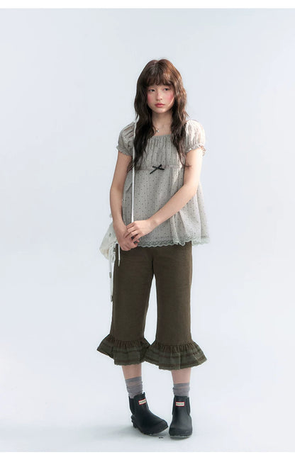 "Polka Dot Constellation" Gray Polka Dot Square Neck Puff Sleeve Top